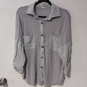 NWOT Mixed Media Lovely Melody Gray and White Striped Women's Shirt